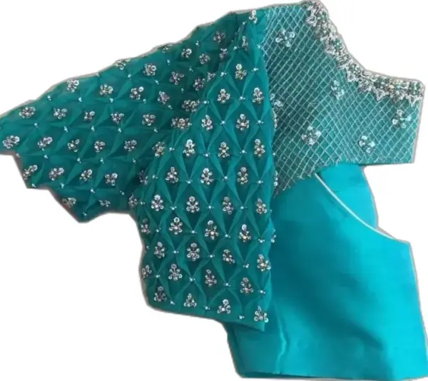 Celestial Charm: Sky Blue Net Blouse with Pearl Checks Work