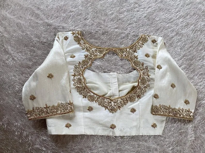 Elegant Creme Raw Silk Blouse – Timeless Designer Aariwork for Weddings & Festive Looks