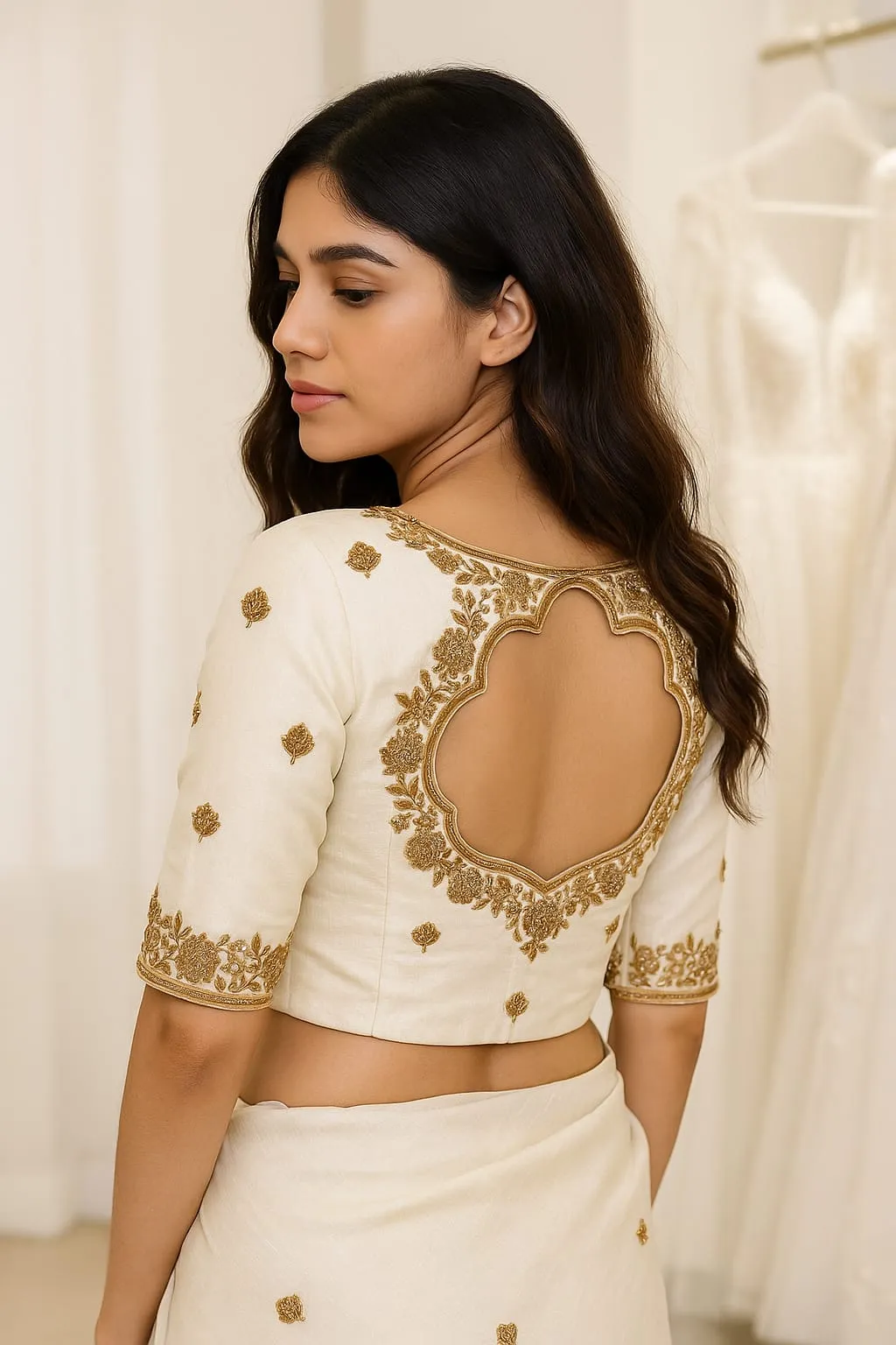Elegant Creme Raw Silk Blouse – Timeless Designer Aariwork for Weddings & Festive Looks