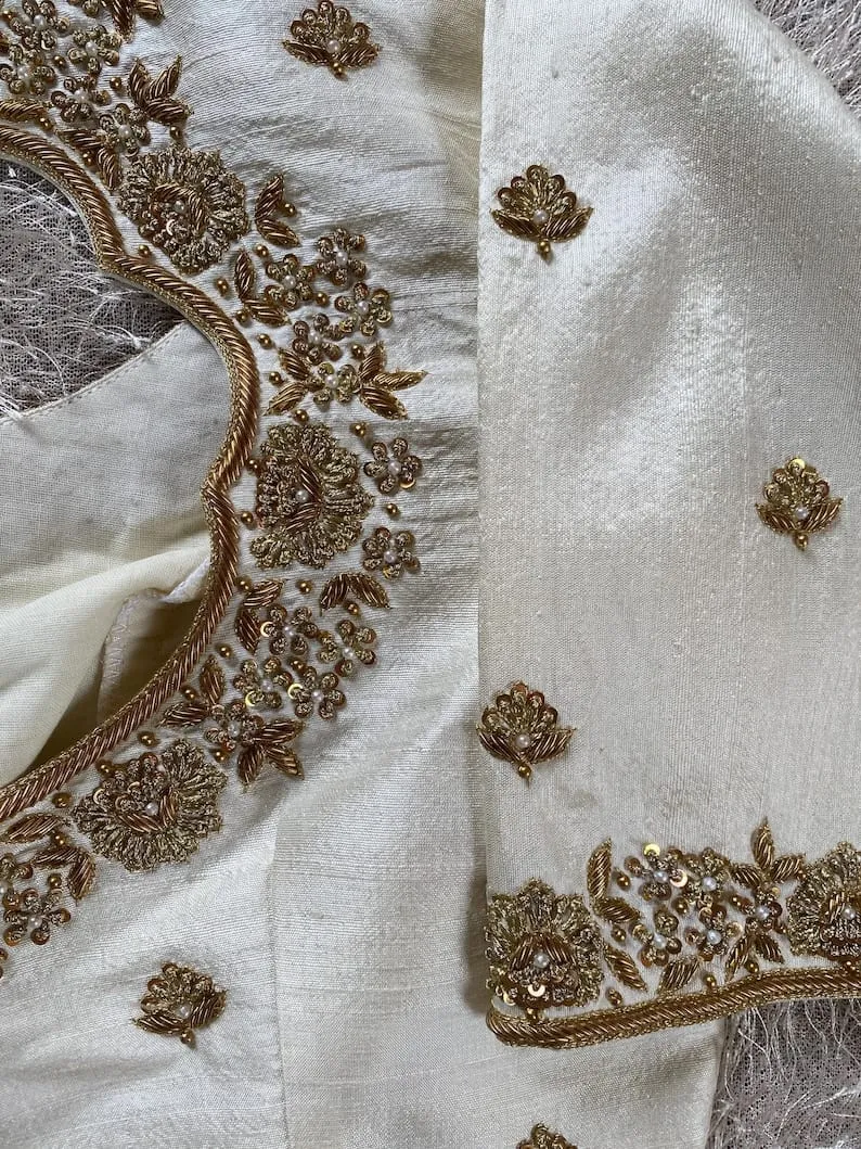 Elegant Creme Raw Silk Blouse – Timeless Designer Aariwork for Weddings & Festive Looks
