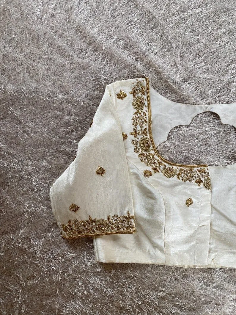 Elegant Creme Raw Silk Blouse – Timeless Designer Aariwork for Weddings & Festive Looks