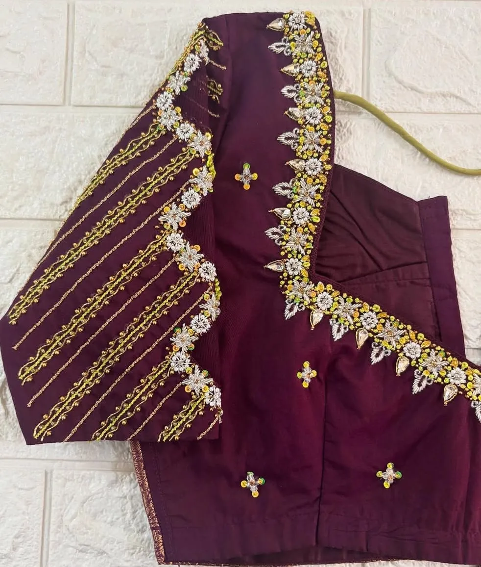 Elegant Wine Colour Blouse with Silver Maggam Work – Bridal & Partywear Statement Piece