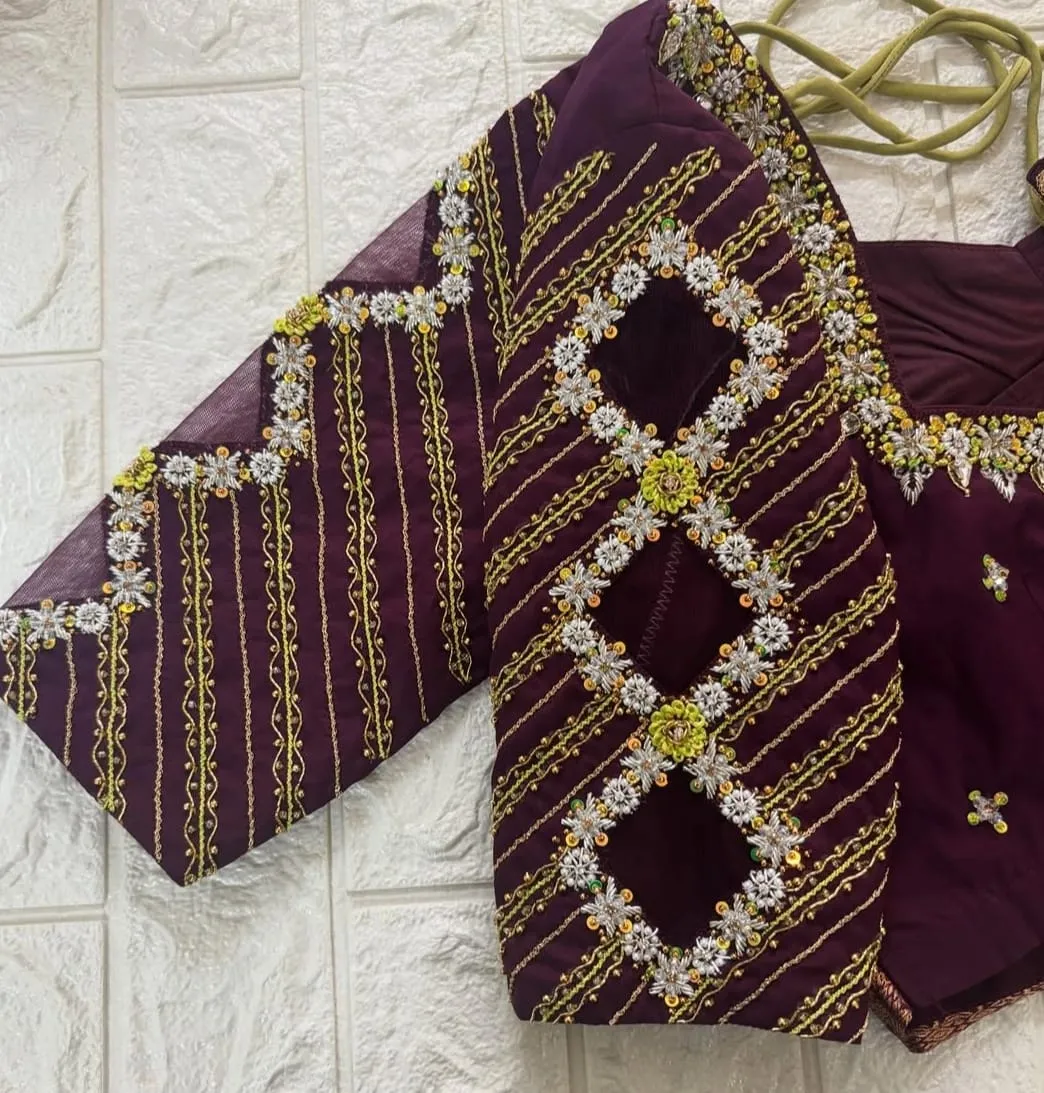 Elegant Wine Colour Blouse with Silver Maggam Work – Bridal & Partywear Statement Piece