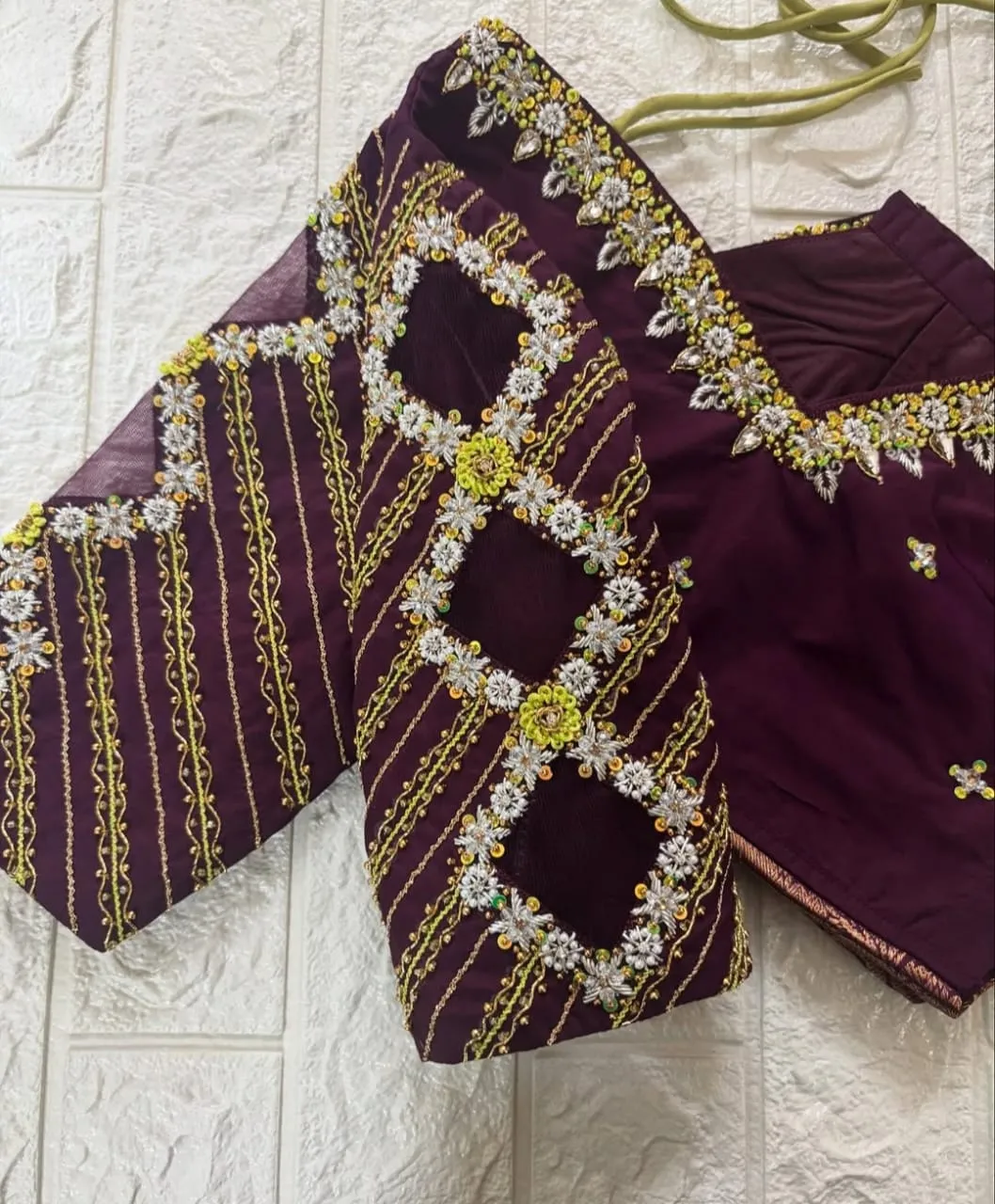 Elegant Wine Colour Blouse with Silver Maggam Work – Bridal & Partywear Statement Piece