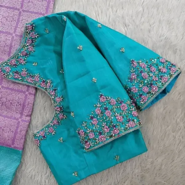 Ethereal Charm: Sky Blue Thread Work Blouse for Dreamy Occasions