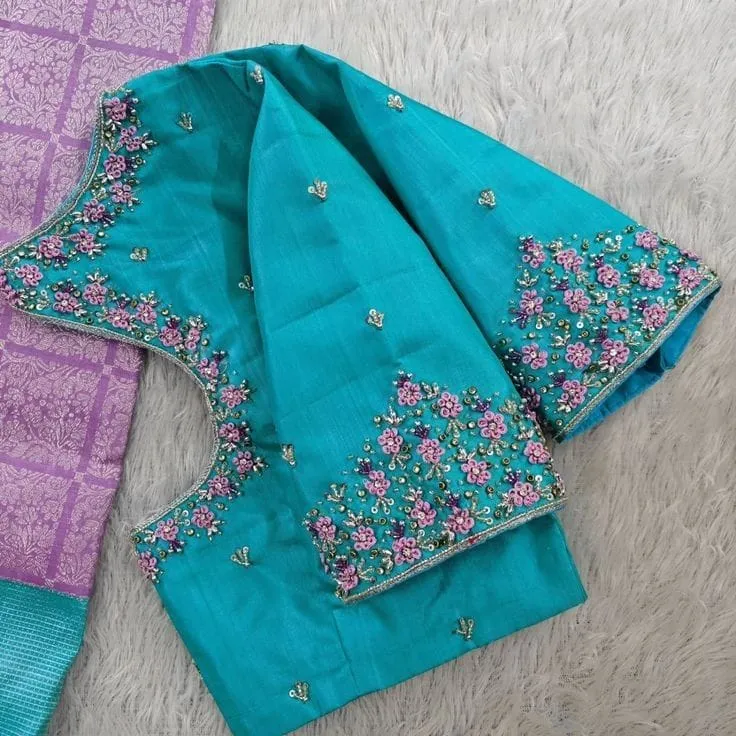 Ethereal Charm: Sky Blue Thread Work Blouse for Dreamy Occasions