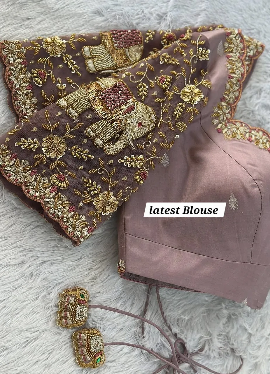 Mauve Net Bridal Wedding Blouse – Handcrafted Zardosi Elegance for Your Big Day