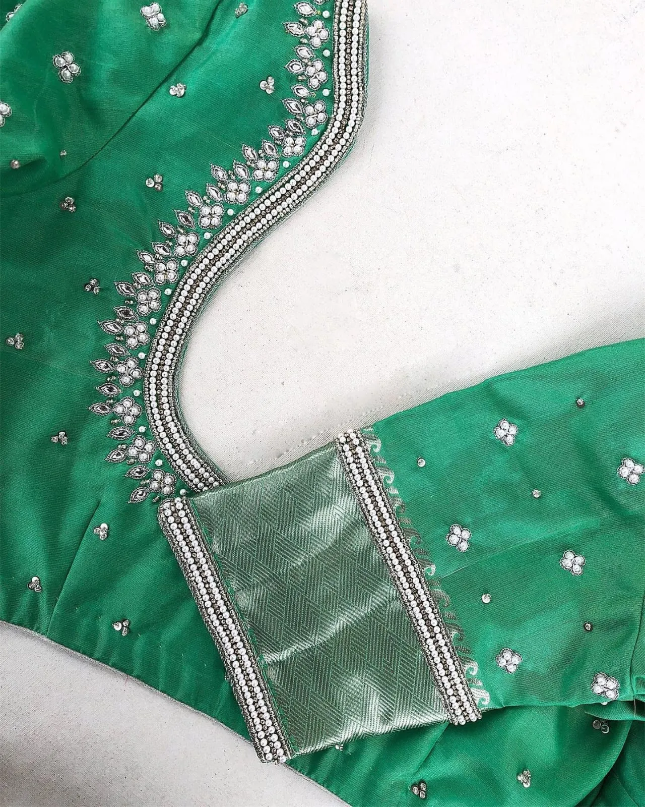 Pastel Elegance – Designer Aariwork Blouse in Soothing Green Hue