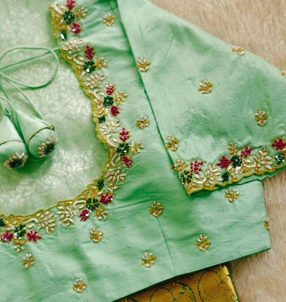 Regal Pista Green Zardosi Maggam Work Blouse – Bridal Elegance Redefined