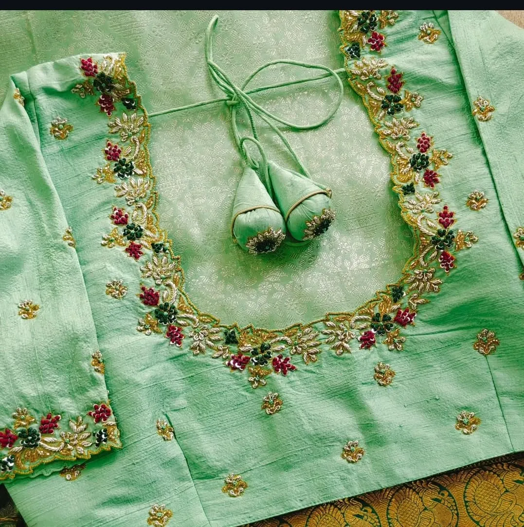 Regal Pista Green Zardosi Maggam Work Blouse – Bridal Elegance Redefined