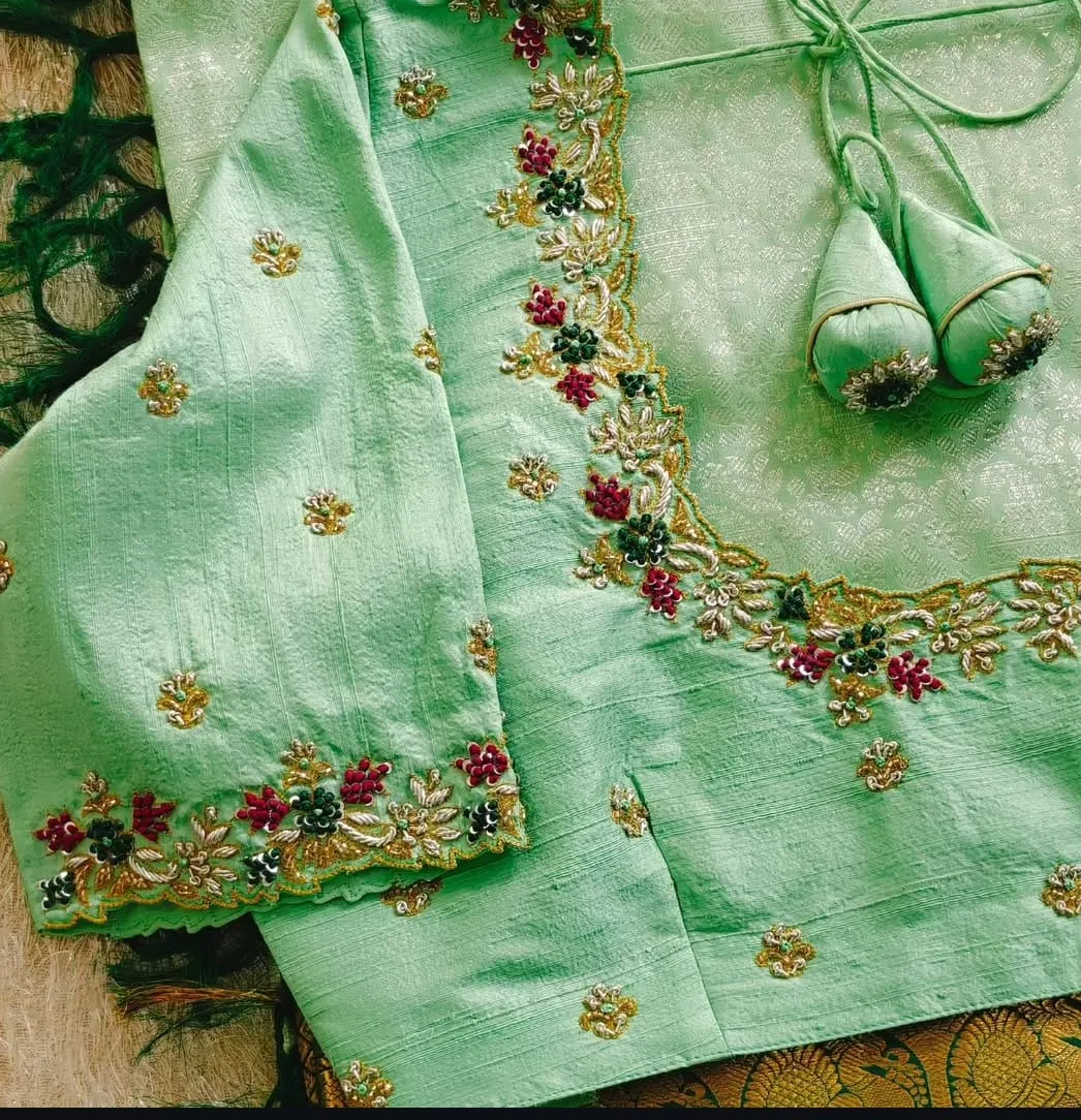 Regal Pista Green Zardosi Maggam Work Blouse – Bridal Elegance Redefined