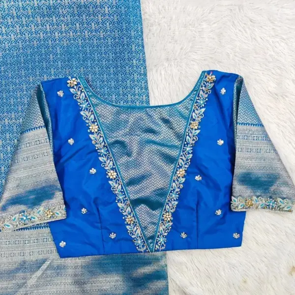 Royal Allure: Blue V-Neck Maggam Work Blouse for Weddings & Celebrations