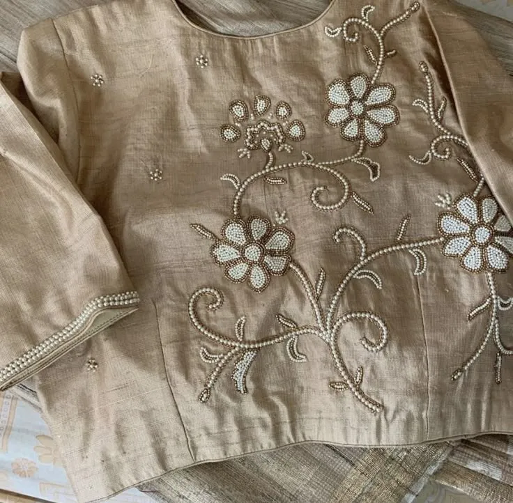 Timeless Beauty: Ivory Pearl Aari Work Boat Neck Blouse for Elegant Occasions