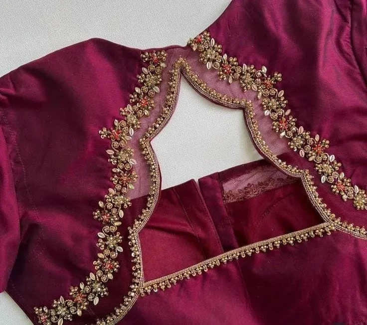 Timeless Beauty: Wine Designer Maggam Work Blouse with Trendy Checks