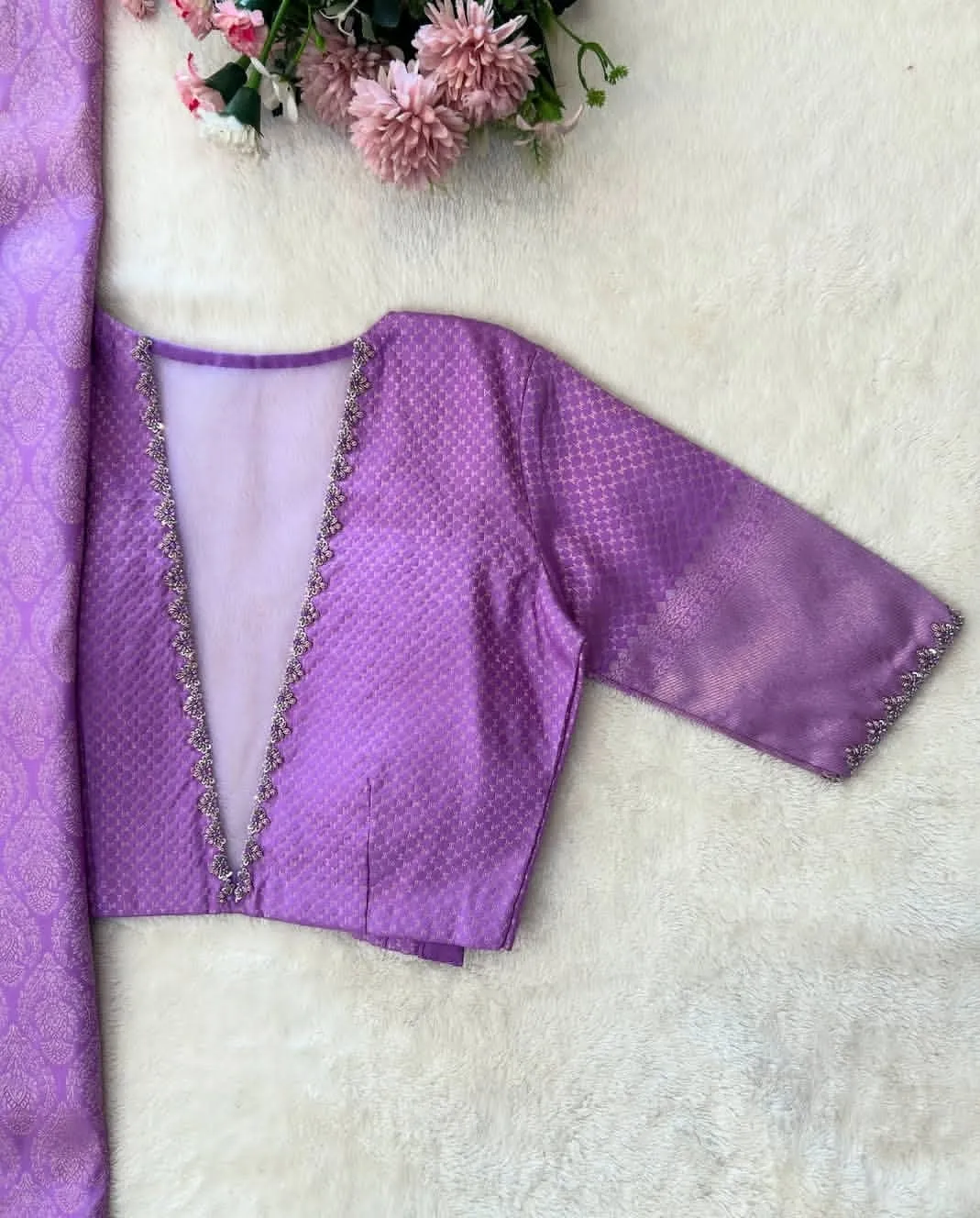 Regal Lavender Elegance: V-Neck Blouse with Handcrafted Maggam Art