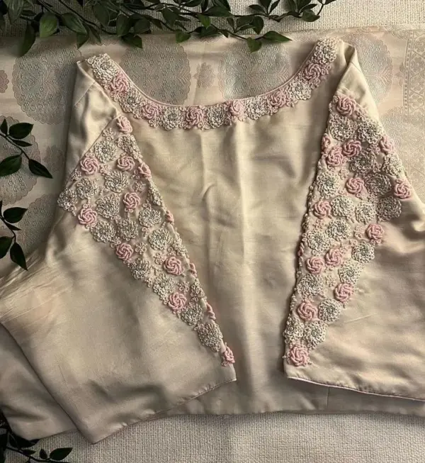 Chic in White Rose Stitch Boat Neck Blouse with Signature Maggam Detailing