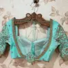 Cyan Blue V-Neck Wedding Blouse Latest Designer Maggam Elegance