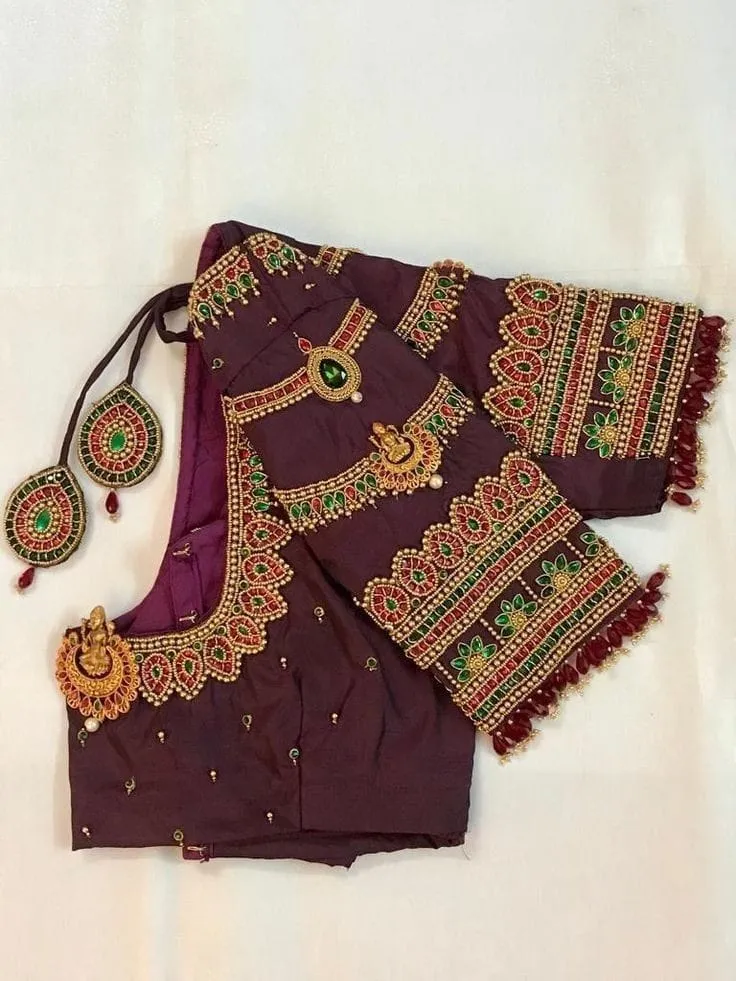 Dark Brown Kundan Bridal Blouse for Muhurtham Handcrafted Maggam Work with Royal Elegance