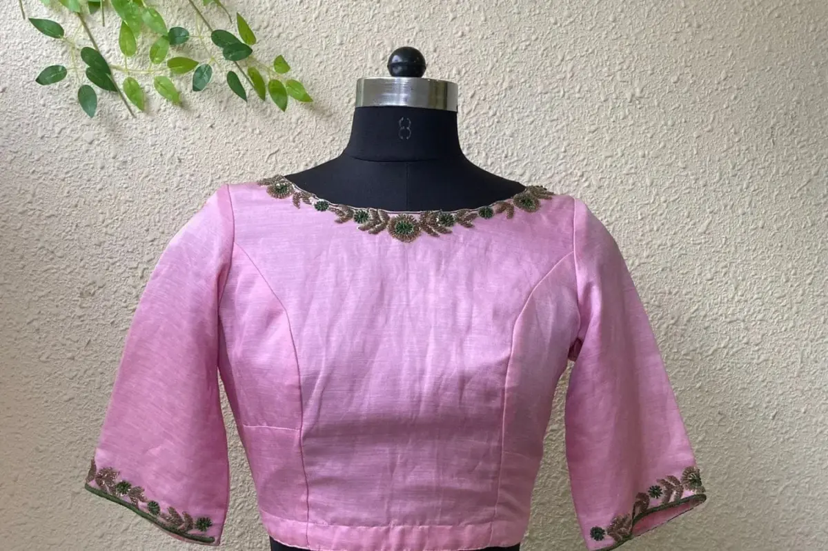 Elegant Baby Pink Designer Blouse with Classic Boat Neck