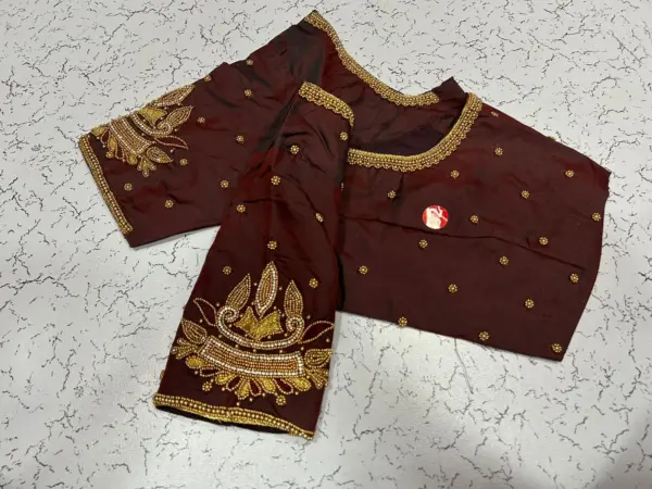 Elegant Dark Brown Aari Work Blouse Ready-to-Wear Muhurtham Special!