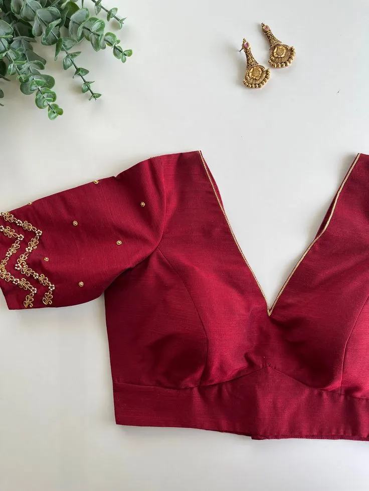 Elegant Dark Red V-Neck Maggam Work Blouse Minimal Yet Majestic