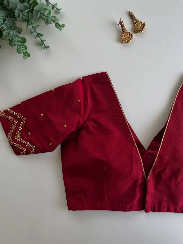 Elegant Dark Red V-Neck Maggam Work Blouse Minimal Yet Majestic