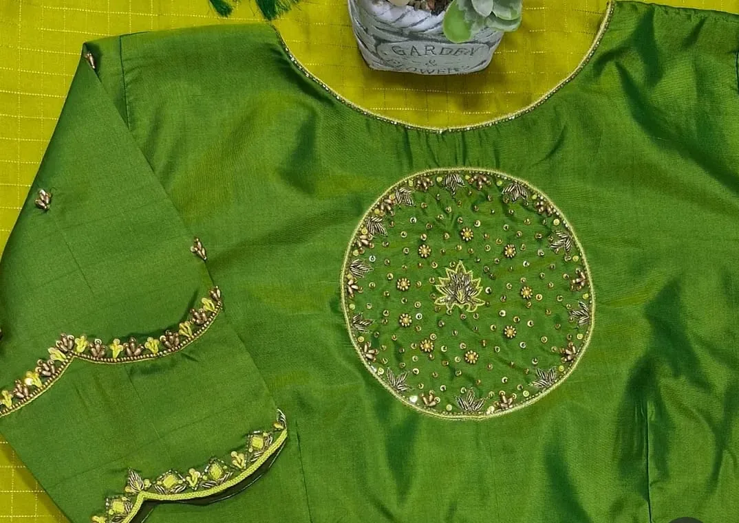 Elegant Essence: Parrot Green Minimal Maggam Work Blouse