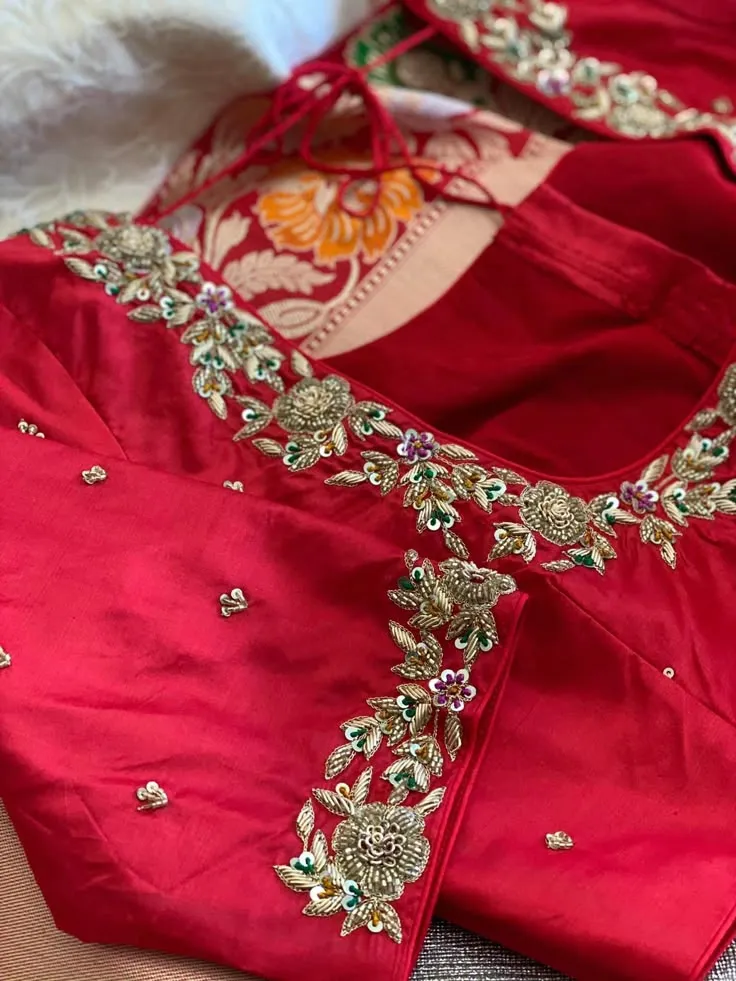 Elegant Red Zardosi Blouse with Classic Border Detailing