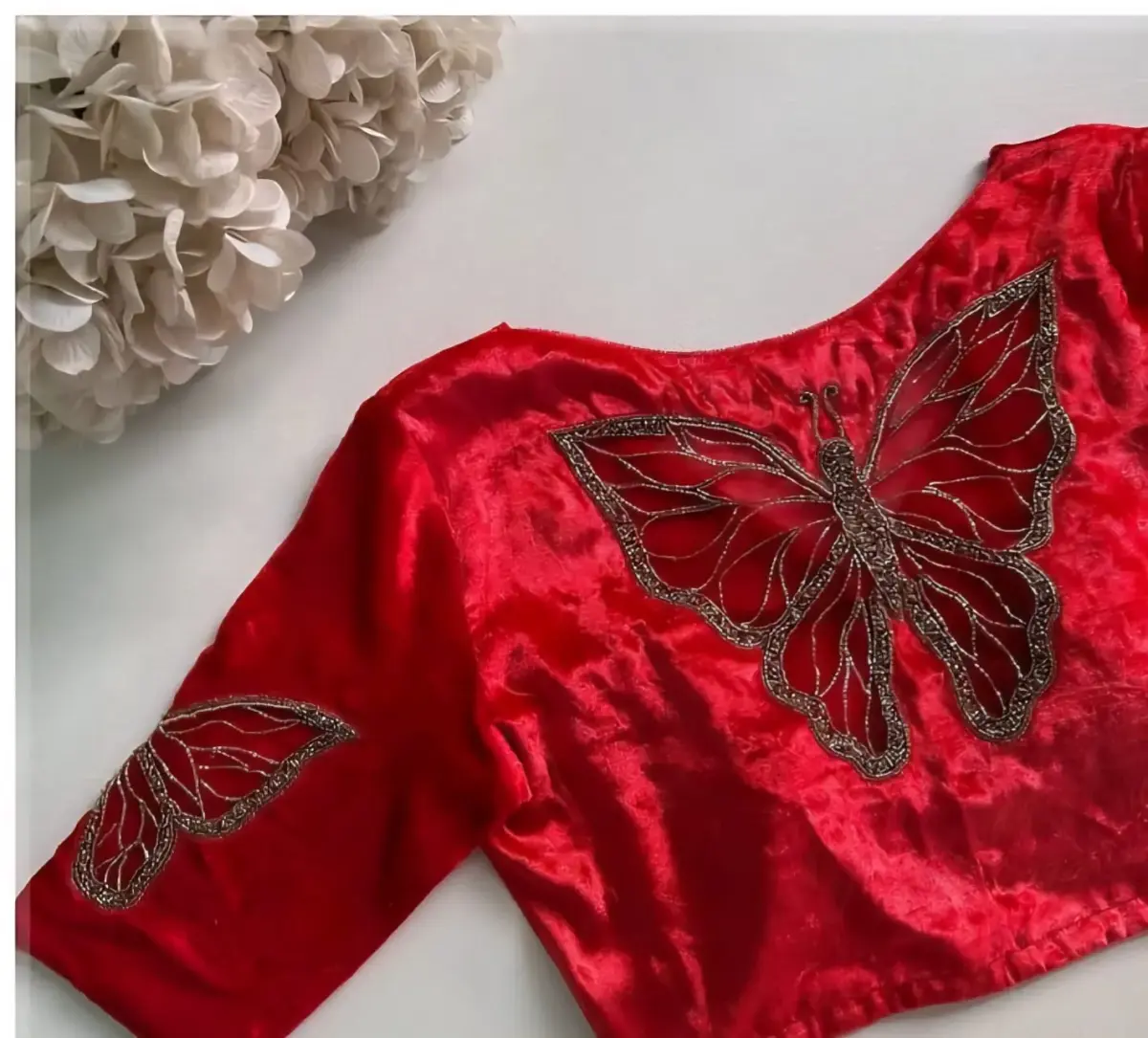 Enchanting Elegance Red Butterfly Net Maggam Work Blouse