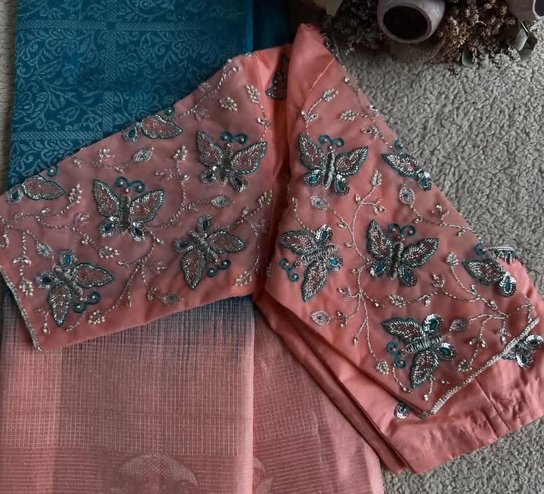 Ethereal ElegancePeach Net Maggam Work Blouse for Special Occasions