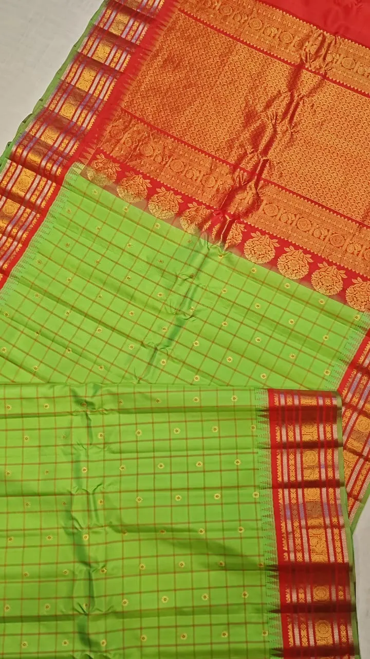 Exquisite Gadwal Body Checks Silk Saree with Gorgeous Temple Border & Pallu