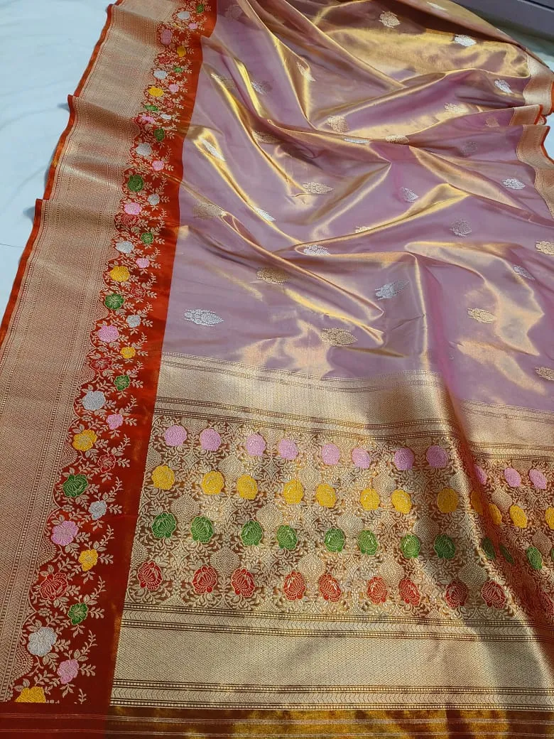 Exquisite Pure Banarasi Kadhwa Tissue Silk Saree with Sona Rupa Zari & Meena Borders