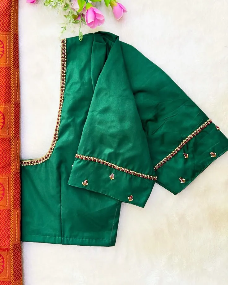 Graceful Green Minimal Maggam Work Blouse for Effortless Elegance