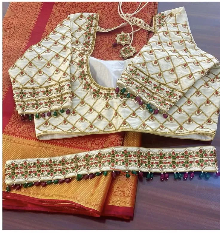 Half White Grand Bridal Blouse All Over Maggam Work Checks Design for Wedding Look
