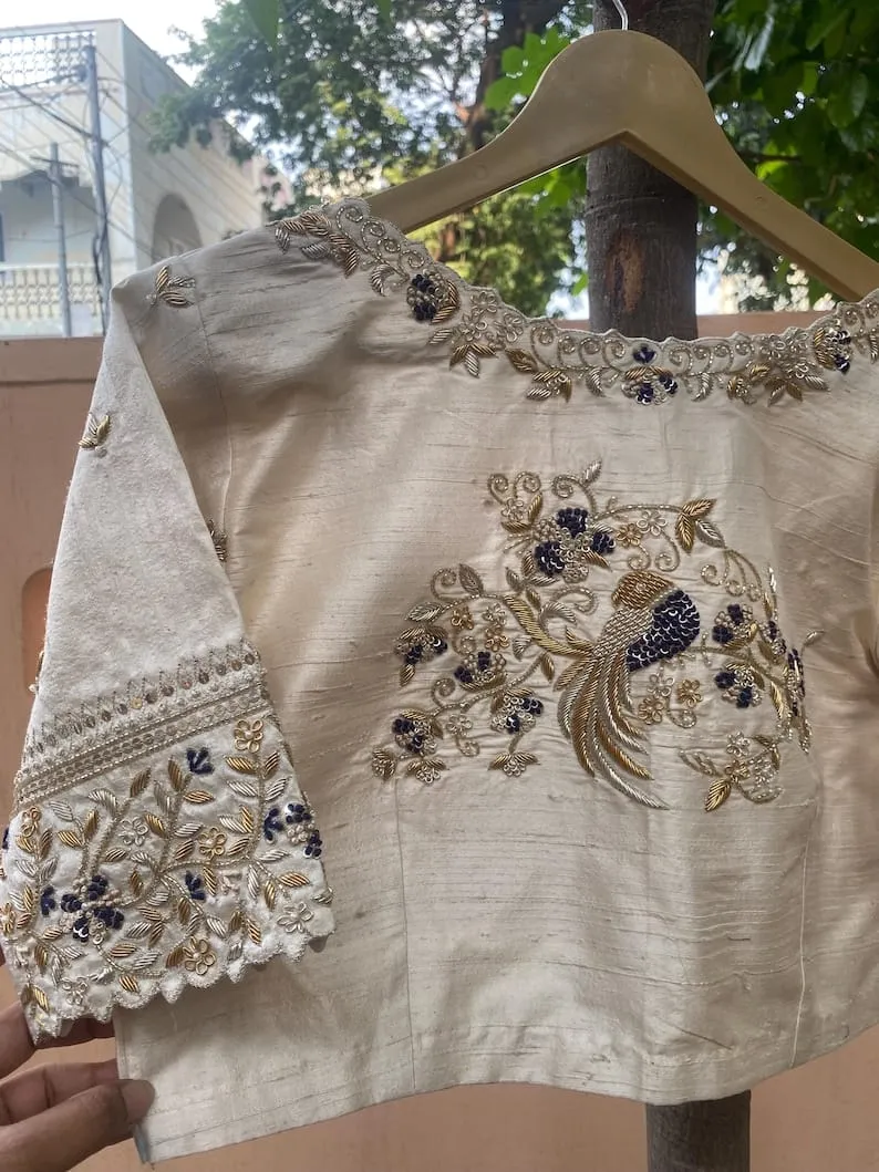 Half White Peacock Zardosi Maggam Work Blouse Regal Elegance in Every Stitch