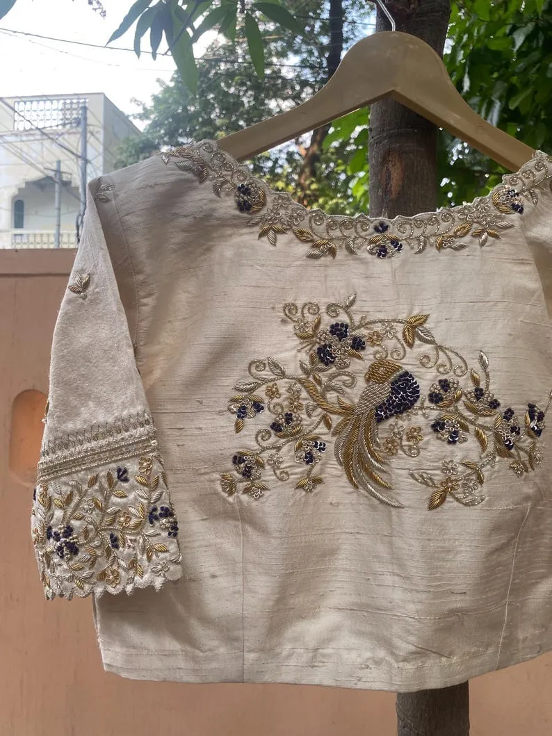 Half White Peacock Zardosi Maggam Work Blouse Regal Elegance in Every Stitch