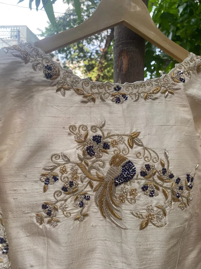 Half White Peacock Zardosi Maggam Work Blouse Regal Elegance in Every Stitch