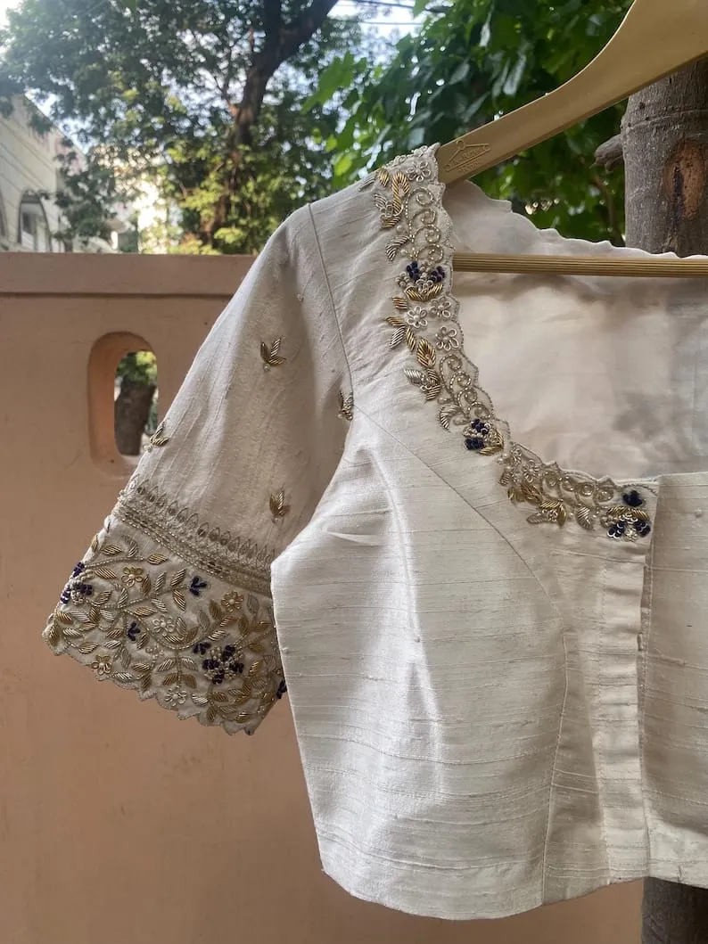 Half White Peacock Zardosi Maggam Work Blouse Regal Elegance in Every Stitch
