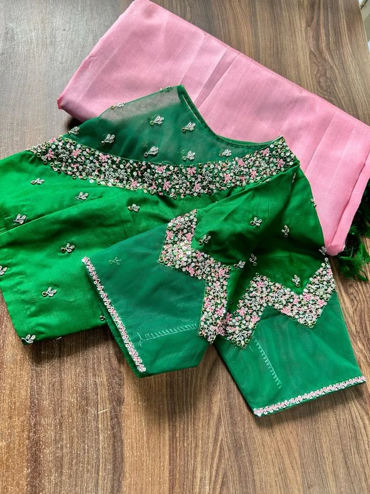 Leaf Green Pattu Saree Blouse with Maggam Work Traditional Wedding Look 2025