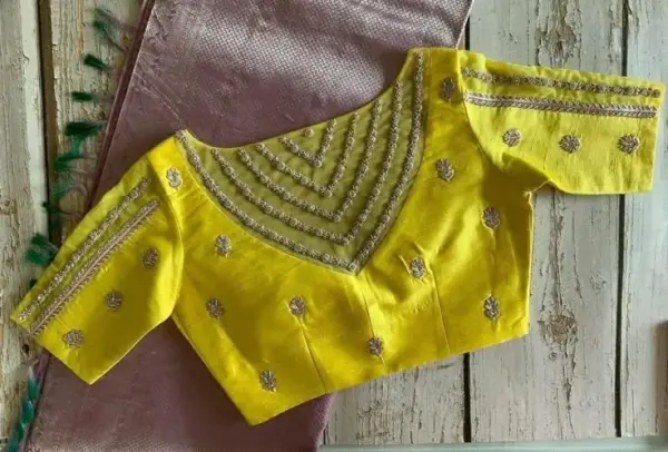 Lemon Yellow Necklace Design Maggam Work Blouse Radiant Bridal Elegance