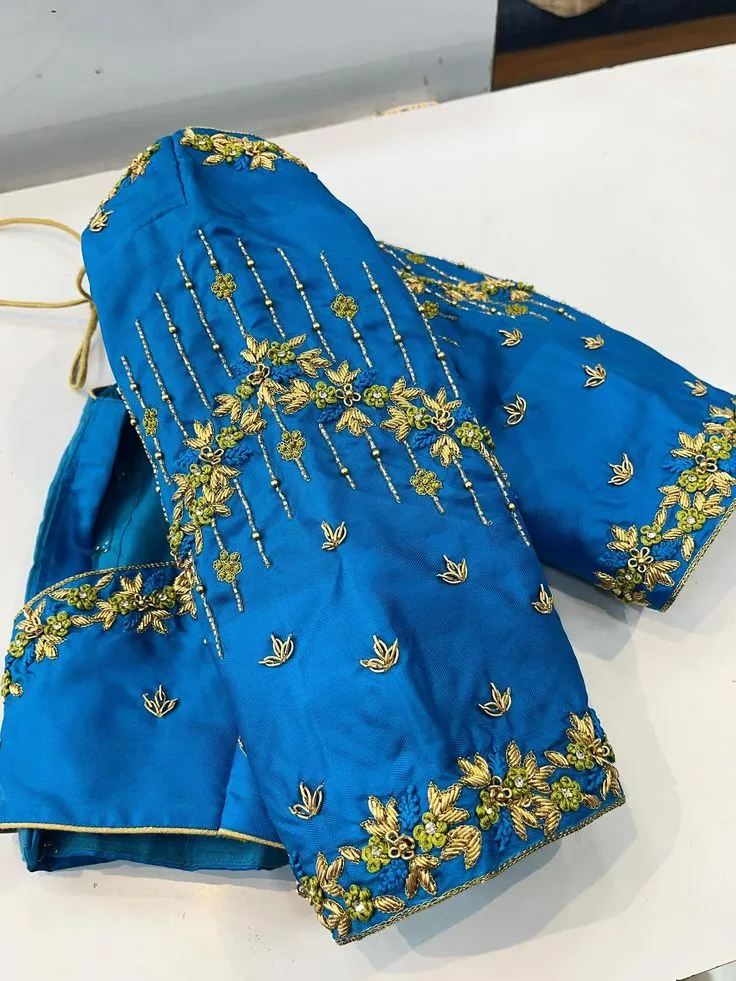 Luxury Zardosi Embroidered Blue Blouse A Designer Statement Piece