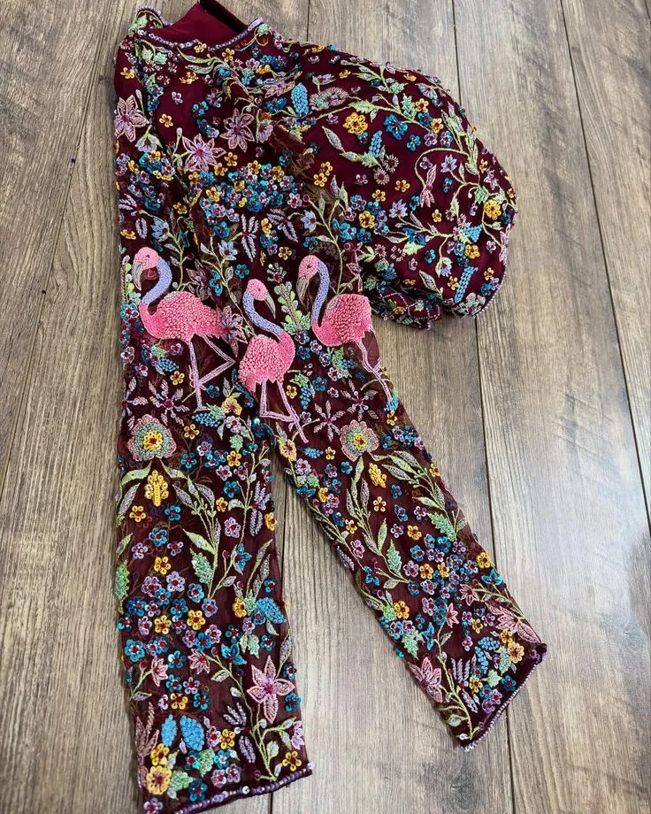 Majestic Maroon Flamingo Embroidery Blouse A Bold Bridal Statement