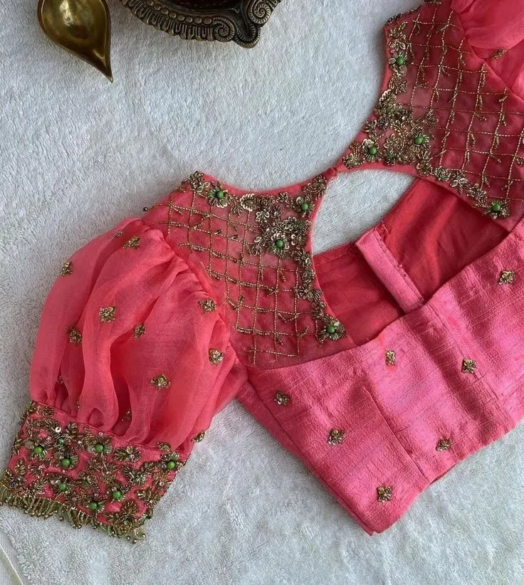 Peach Puff Sleeves Bridal Blouse Custom Maggam Work Elegance for Your Big Day