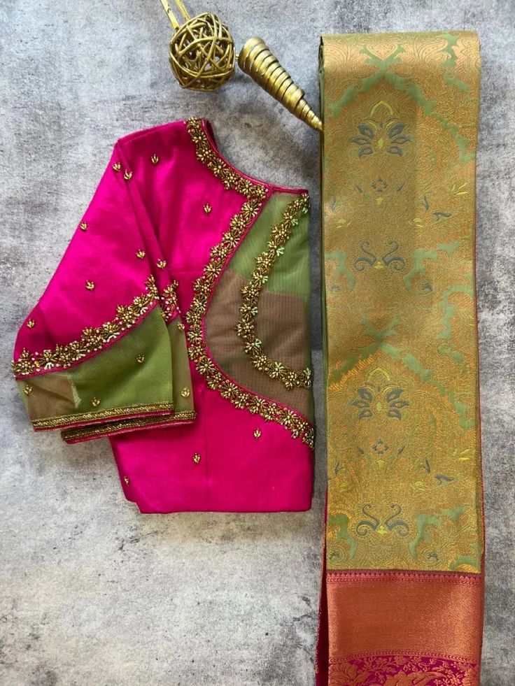 Pink Bridal Maggam Work Blouse Royal Zardosi & Kundan Design for Pattu Sarees
