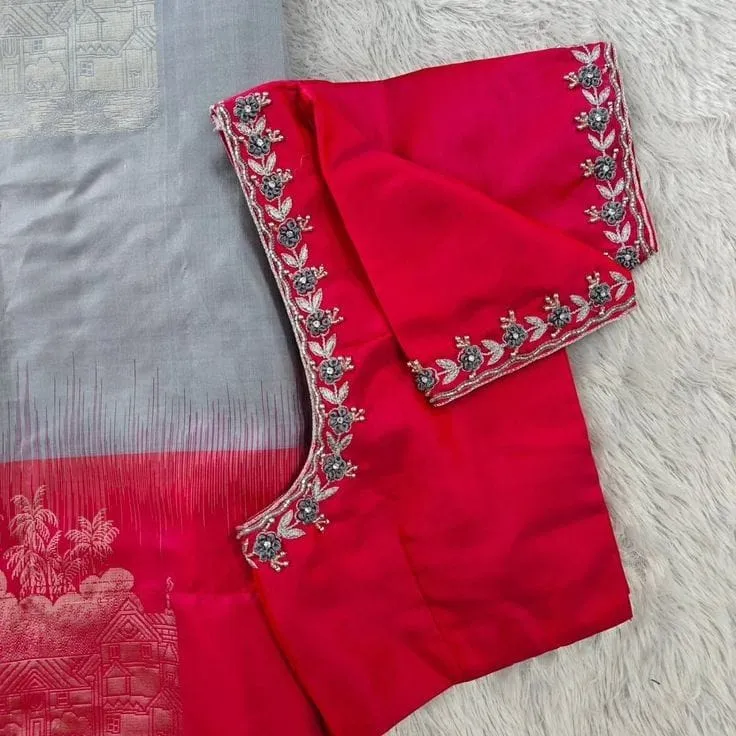 Regal Rose Red Maggam Work Blouse with Intricate Floral Elegance
