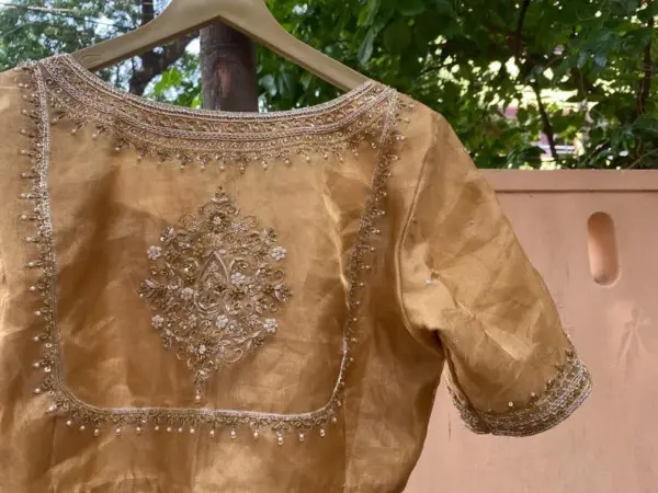 Royal Golden Madhubala Designer Maggam Work Blouse Timeless Elegance for Weddings