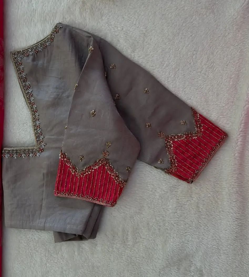 Royal Mist Premium Grey Aariwork Blouse for Festive Glam
