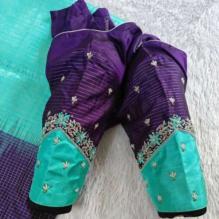 Royal Purple Double-Shade V-Neck Maggam Work Blouse Elegant Fusion for Wedding Glam