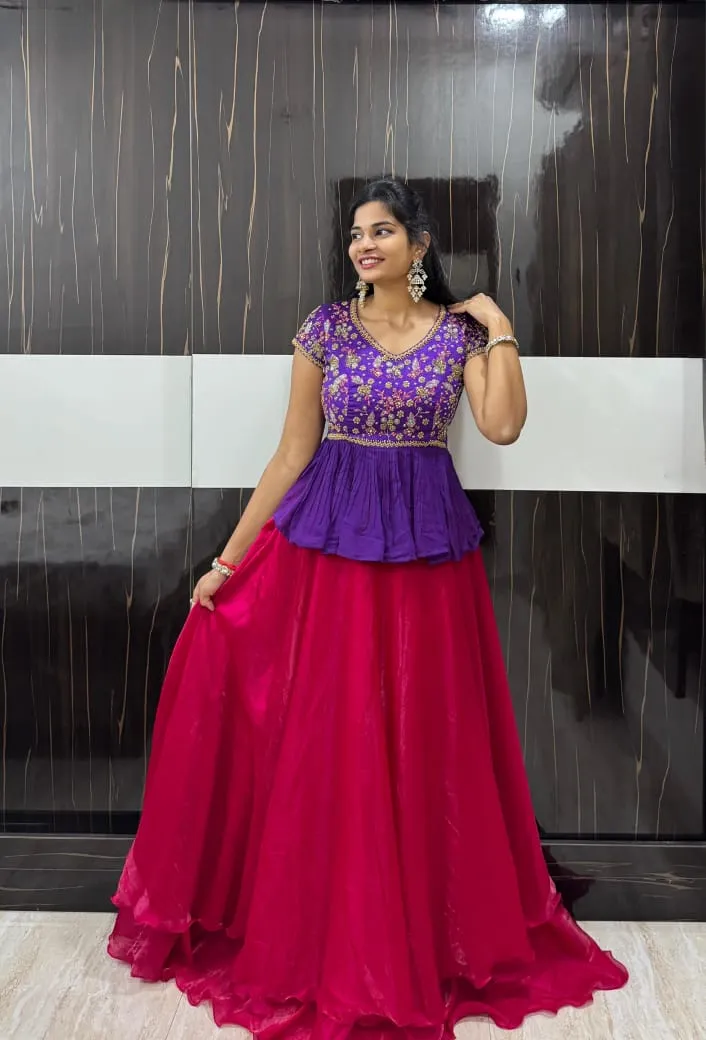 Royal Purple Peplum Lehenga with Flared Skirt & Intricate Maggam Work