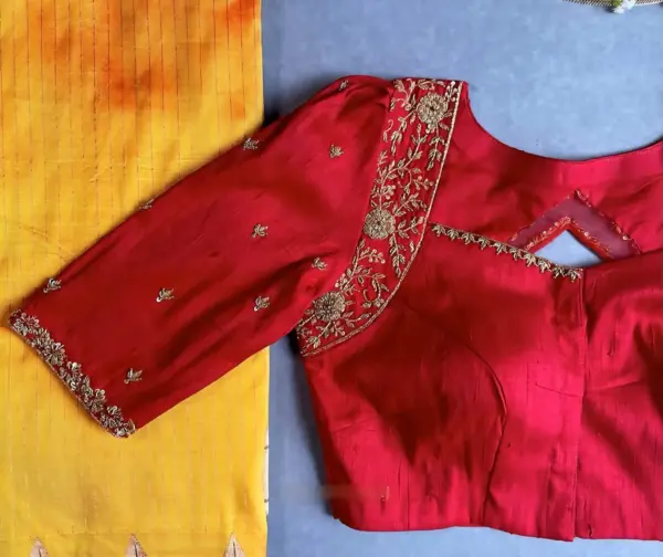 Royal Red Bridal Net Maggam Work Blouse Custom Raw Silk Designer Elegance